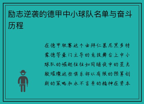 励志逆袭的德甲中小球队名单与奋斗历程