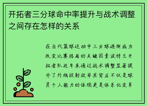 开拓者三分球命中率提升与战术调整之间存在怎样的关系